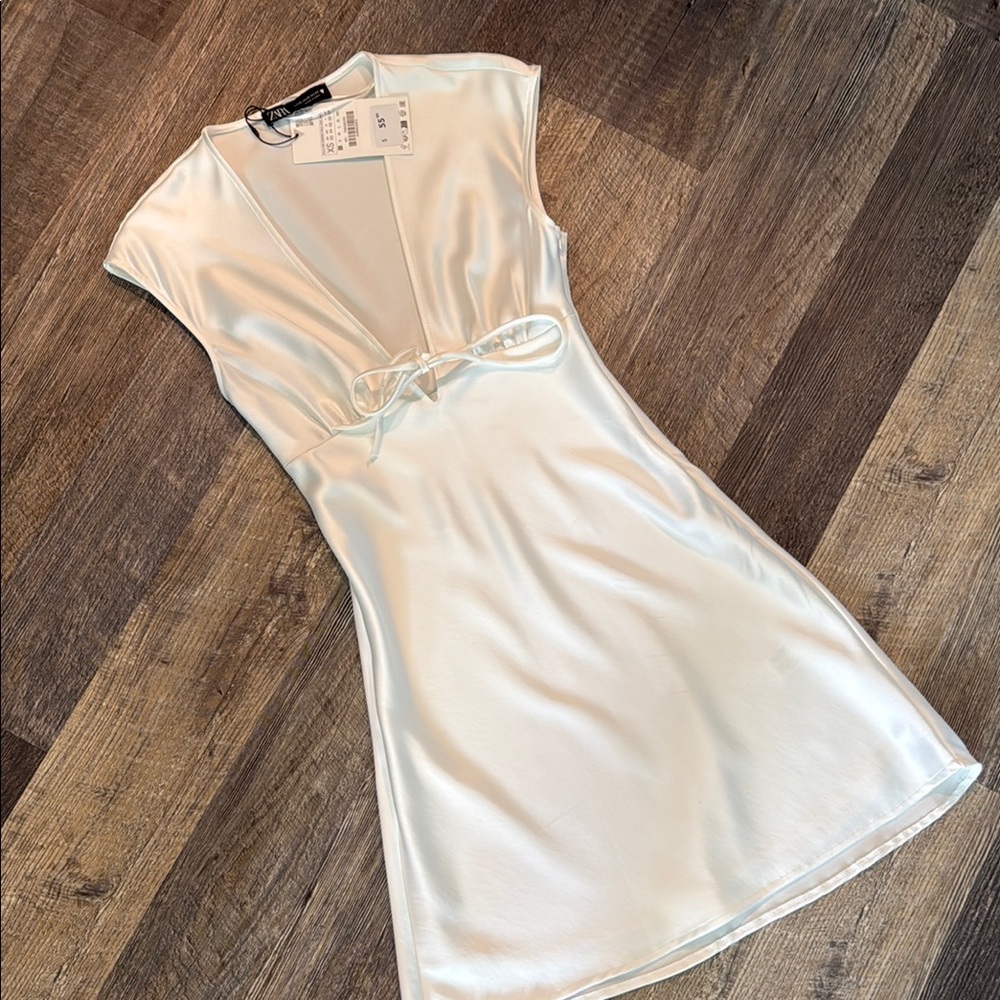 Zara White Satin V-Neck Dress